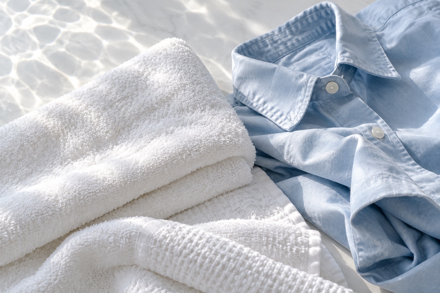 Illustrative fabric study: white cotton towels beside a pale blue shirt